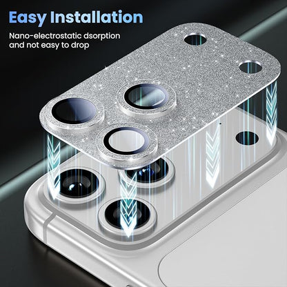 Uyiton for iPhone 17-Pro-Max Camera-Lens Protector: Bling [Not Easy to Break][Strong Adsorption][Case-Friendly] Metal Tempered Glass Rear Camera Screen Cover - Glitter Silver