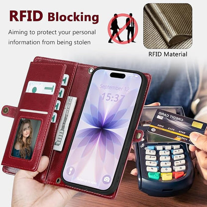 Wallet Case for iPhone 17 with Card Holder/Crossbody Wallet/Strap,[RFID Blocking][Magnetic] PU Leather Phone Case for iPhone 17,6.3 in,Wine Red