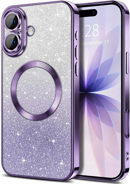 Hython for iPhone 17 Case Glitter Clear Magnetic Phone Cases [Compatible with MagSafe] Full Camera Lens Protector Sparkle Luxury Plating Slim Shockproof Protective Cover Women, Gradient Purple