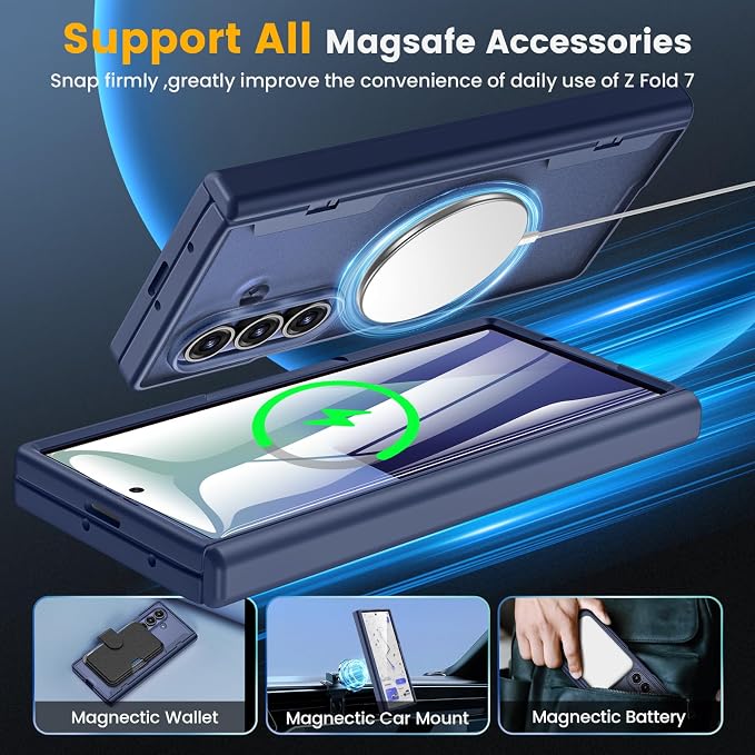 Caka Magnetic for Samsung Galaxy Z Fold 7 Case with Hinge Protection Blue | Compatible with MagSafe, Built-in Outer Screen Protector, Hinge Guard, Translucent Matte Back, 360° Hybrid Drop Defense