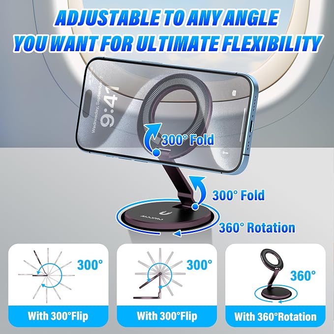 Phone Stand for Magsafe with Mirror [2-sided 4200gf Strongest Magnetic] 300° Folding Portable Phone Ring Holder Grip for Desk, Phone Holders for Your Car Accessories for iphone/Android/Tablets