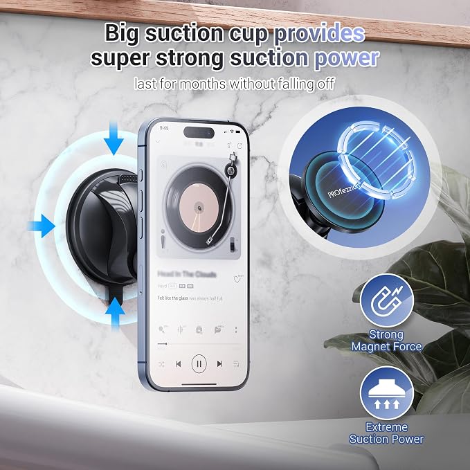 PROfezzion Magnetic Shower Mirror Phone Holder Reusable Suction Cup Phone Mount Compatible with iPhone 17 16 15 14 13 12 & All Phones, Rotating Stand for Glass Window Bathroom Kitchen, Black