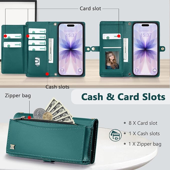Wallet Case for iPhone 17 with Card Holder/Crossbody Wallet/Strap,[RFID Blocking][Magnetic] PU Leather Phone Case for iPhone 17,6.3 in,Green