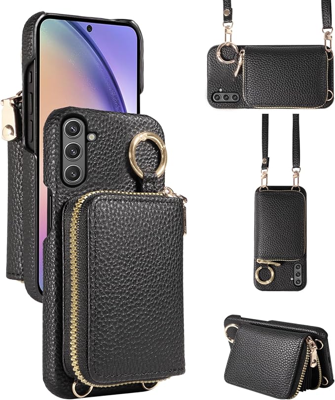 Wallet Case for Samsung Galaxy A36 5G with Shoulder Strap Ring Buckle, PU Leather Zipper Flip Organ Purse, Credit Card Holder Stand Full Body Cell Phone Cover for A 36 36A LTE SM-A366U Black