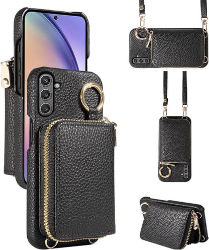 Wallet Case for Samsung Galaxy A36 5G with Shoulder Strap Ring Buckle, PU Leather Zipper Flip Organ Purse, Credit Card Holder Stand Full Body Cell Phone Cover for A 36 36A LTE SM-A366U Black
