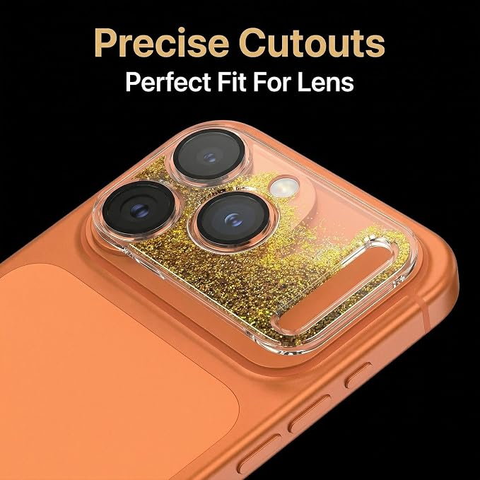 HANKN Quicksand Lens for iPhone 17 Pro Max Camera Lens Tempered Glass Protector, Ultra HD Clear 9H Hardness Anti-Scrach Dynamic Liquid Glitter Sand Cute Cover Strong Adsorption Case Friendly, Gold