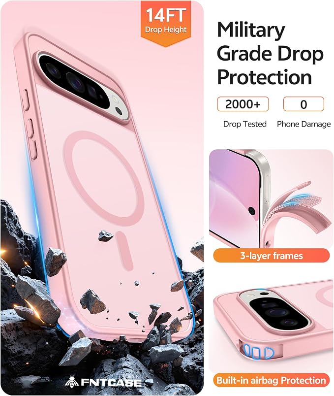 FNTCASE for Google Pixel 10 Pro Case: for Pixel 10 Case [Fit for Magsafe] Translucent Matte Cases with [Screen Protector] Military Grade Shockproof Protective Magnetic Phone Cover (6.3inch - Pink)