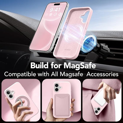 GONEZ Magnetic for iPhone 16 Case, Compatible with MagSafe, [Screen Protector + Camera Lens Protector], Liquid Silicone Shockproof Protective Phone Case for iPhone 16 6.1", Chalk Pink