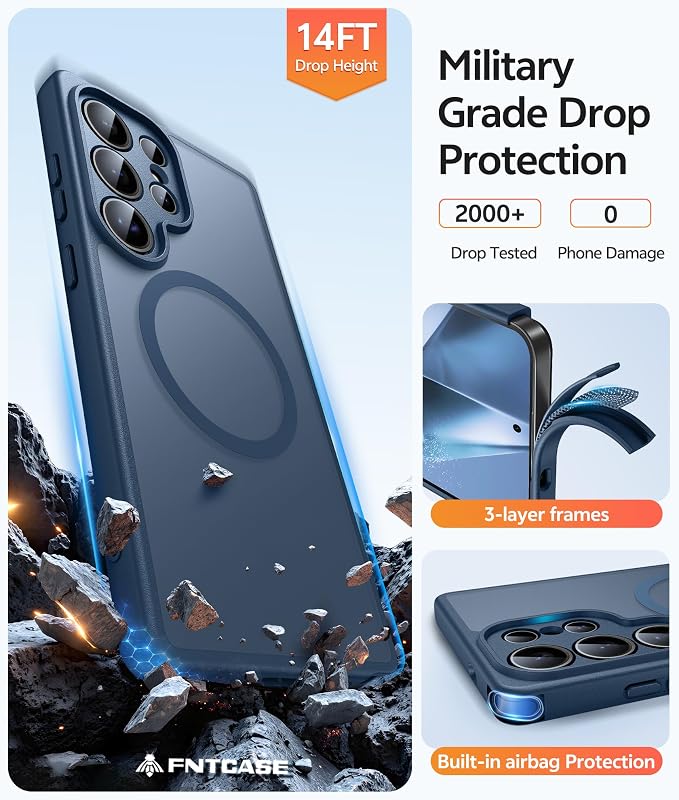 FNTCASE for Samsung Galaxy S24 Ultra Case, Compatible with Magsafe Blue | Screen Protector, Full Camera Protection, Translucent Matte, 14FT Military Grade Drop Proof, Protective Phone Cover