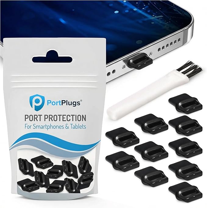 PortPlugs USB-C Dust Plugs - Easy-Grip Design, Compatible with iPhone 15/16/17 & Air, iPad Pro/Mini, MacBook Pro/Air, Galaxy S26-S8, Pixel, Android & USB-C Devices - Black (10-Pack)