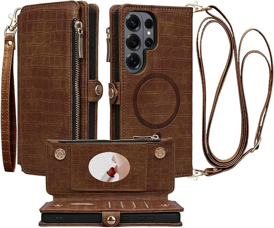 Crossbody Wallet Case for Samsung Galaxy S26 Ultra with Mirror, Wrist Strap, Zipper Purse Magnetic Flip, RFID Blocking Card Holder, PU Leather Shockproof Women (Brown)