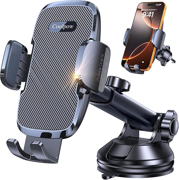 Coolpow 3-in-1 Car Phone Holder Mount【Strongest Suction & Military-Grade】Cell Phone Holders for Your Car Phone Holder Hands Free Camera Mount for for iPhone 17–12, Comfortable Natural Video Recording
