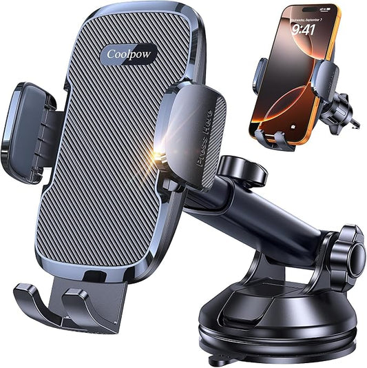 Coolpow 3-in-1 Car Phone Holder Mount【Strongest Suction & Military-Grade】Cell Phone Holders for Your Car Phone Holder Hands Free Camera Mount for for iPhone 17–12, Comfortable Natural Video Recording