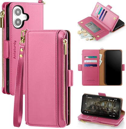 Antsturdy Compatible with iPhone 16 Plus Wallet Case,RFID Blocking PU Leather Phone Case Women Men Kickstand flip Cover Wrist Strap Zipper Credit Card Holder Slots for Apple 16 Plus 6.7",Hot Pink