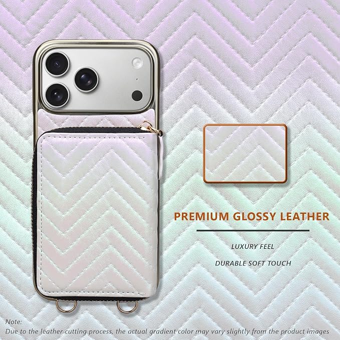 Keallce Wallet Case for iPhone 17 Pro Max 6.9", Crossbody Zipper Purse with Wristlet Strap, 4 Card Slots with RFID Blocking and Kickstand, Electroplated Leather Case for Women (White)