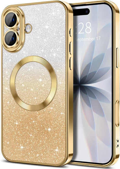 Hython for iPhone 17 Case Glitter Clear Magnetic Phone Cases [Compatible with MagSafe] Full Camera Lens Protector Sparkle Luxury Plating Slim Shockproof Protective Cover Women, Gradient Gold