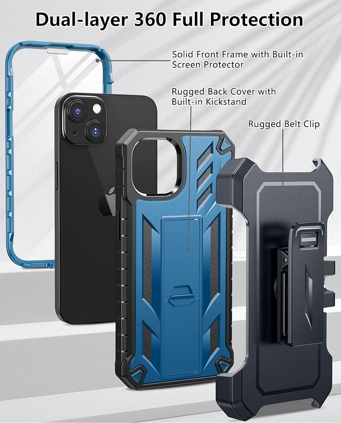 for iPhone 13/14/15 Phone Case: for iPhone 16e Protective Cover with Belt Clip Holster | Durable Dual-Layer Design with Built-in Kickstand | Heavy Duty Military Grade Hard Protection Shock Proof