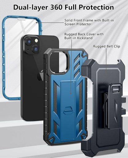 for iPhone 13/14/15 Phone Case: for iPhone 16e Protective Cover with Belt Clip Holster | Durable Dual-Layer Design with Built-in Kickstand | Heavy Duty Military Grade Hard Protection Shock Proof