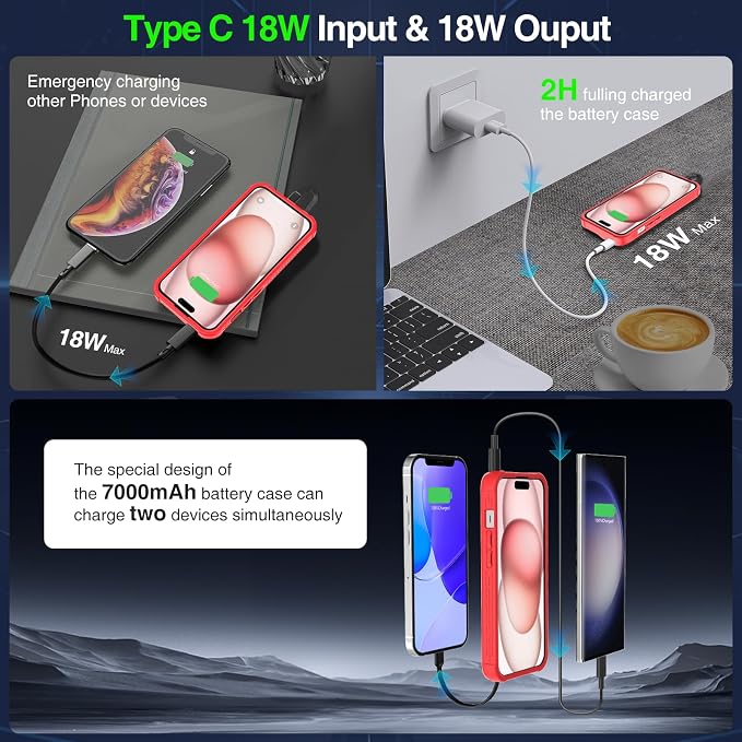 GIN FOXI Battery Case for iPhone 15/15 Pro, Rechargeable Charing Cases 7000mAh Portable Juice Box Fast Charger Cover Battery Pack for iPhone 15/15 Pro Built-in Cable, Red (6.1”)