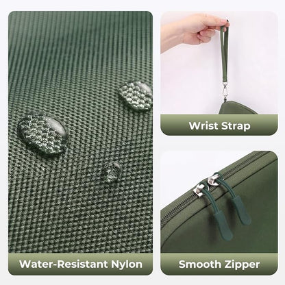 FYY Travel Cable Organizer - 8 Compartments, Lightweight, Water Repellent | With Wrist Strap, Portable Tech Pouch for Cord Charger, Travel and Business Trips Use, Soft Shell Nylon, Green (Small)
