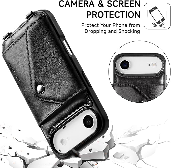 LUCKYCOIN for iPhone Air Crossbody Wallet Case – Genuine Leather Phone Purse with Adjustable Strap and Card Holder,Lanyard Phone Purse Case for Women,Vintage Black