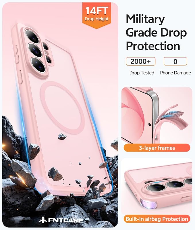 FNTCASE for Samsung Galaxy S26-Ultra Case: [Fit for Magsafe] [Full Camera Protection] Translucent Matte Cases with [Screen Protector] Military Grade Shockproof Protective Phone Cover - Light Pink