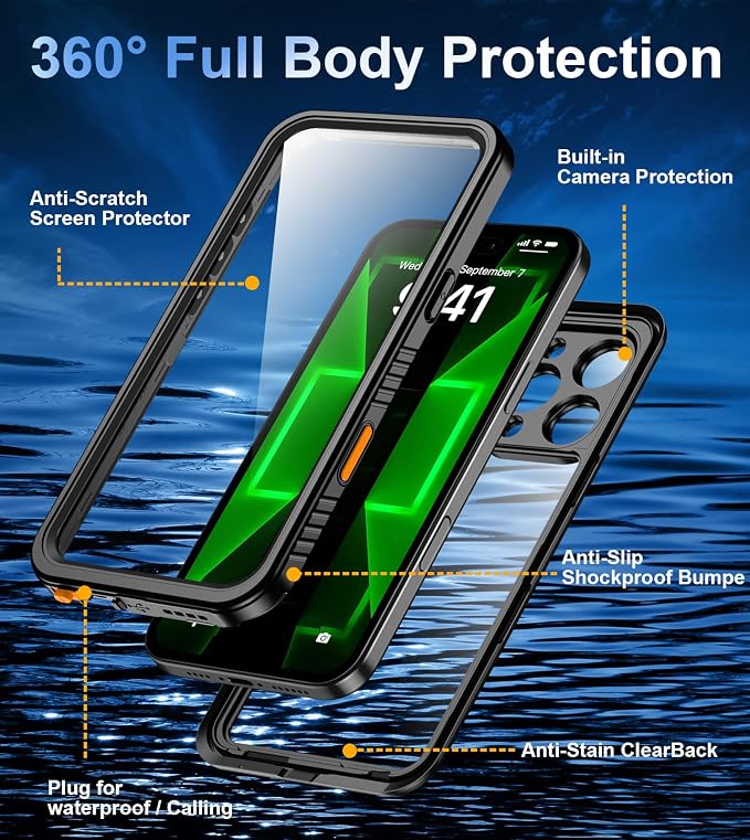 Oterkin Waterproof Case for iPhone 16 Pro Case, 360° Full Body Rugged 16 Pro Phone Cover with Built-in HD Screen & Camera Protector [12FT Military Grade Protection] Shockproof (Black)