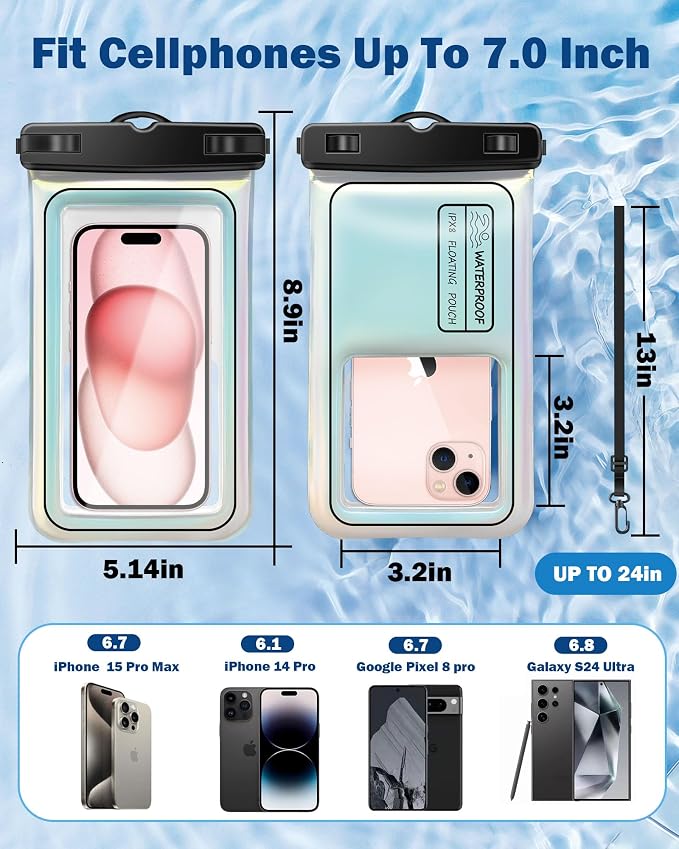 Waterproof Phone Pouch Floating, IPX8 Waterproof Phone Case for iPhone 16 15 14 13 ProMax Galaxy S25 S24 S23, Up to 7.0 Inch, with Adjustable Lanyard, Travel Beach Cruise Kayak Essentials