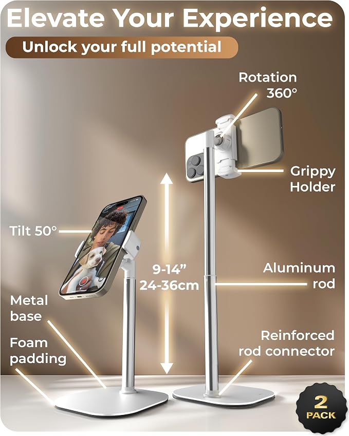 Cooper ChatStand, [Gift Family Pack], Adjustable Cell Phone Stand for Desk, Phone Stand for Recording, iPhone Holder, Small Tripod for iPhone,Fits Samsung, Android Smartphones, (White & Black, 2-Pack)