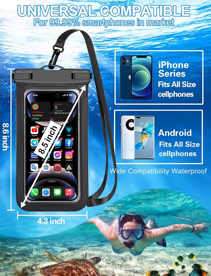 Up to 8.3" 4 Pack Multicolor Universal Waterproof Phone Pouch, Large Phone Waterproof Case Dry Bag,Protection Level: IP68,Outdoor Sports for Apple iPhone,Samsung,and More,Black,Blue,Pink,Orange
