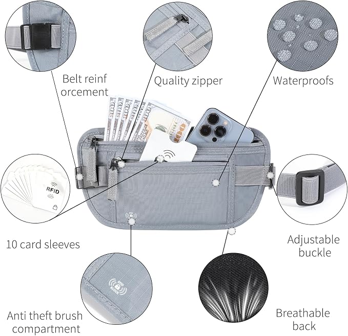 Money Belt for Travel Hidden Travel Pouch Women Men Hidden Rfid Passport Holder for Travel (Grey)