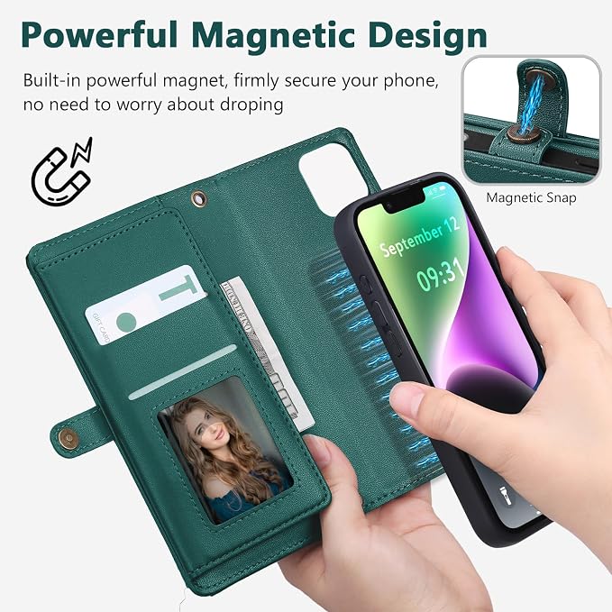 Wallet Case for iPhone 14 with Card Holder/Crossbody Wallet/Strap| RFID Blocking | Magnetic | Kickstand | Detachable | PU Leather Phone Case for iPhone 14,6.1 in,Green