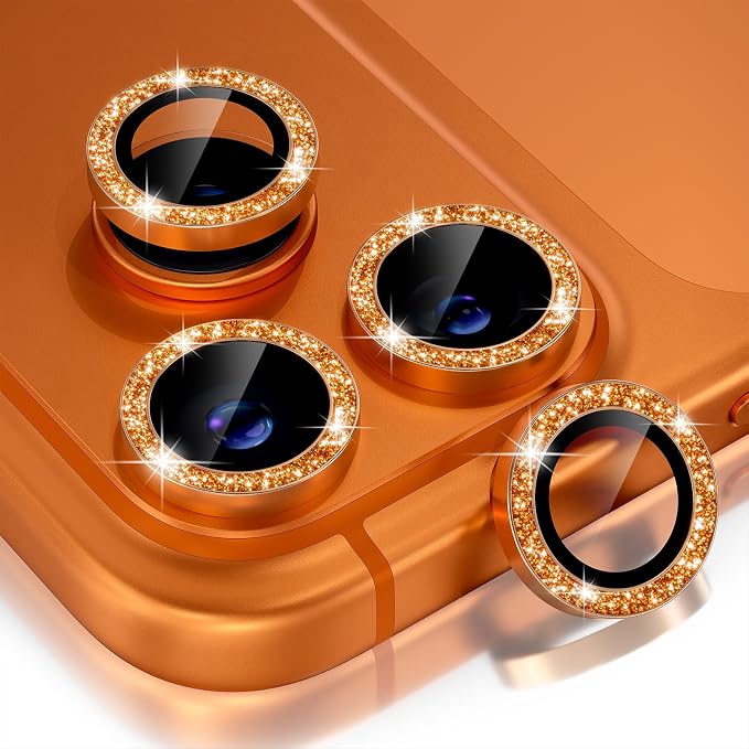 Choiche Compatible for iPhone 17 Pro/iPhone 17 Pro Max Camera Lens Protector Bling, 9H Tempered Glass Camera Cover Screen Protector Metal Ring Decoration Accessories (Glitter-Orange)