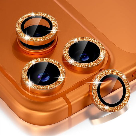 Choiche Compatible for iPhone 17 Pro/iPhone 17 Pro Max Camera Lens Protector Bling, 9H Tempered Glass Camera Cover Screen Protector Metal Ring Decoration Accessories (Glitter-Orange)