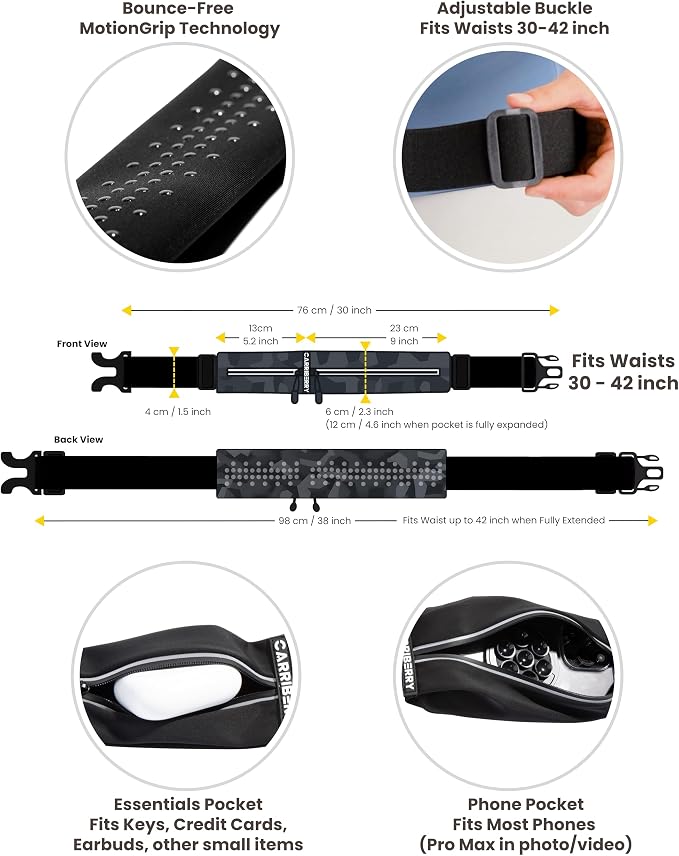 Running Belt - Dual Pocket Running Fanny Pack for Training, Jogging, and Walking, Waterproof, Lightweight, Expandable, Waist Bag, Run Belt, Gels Money Card Phone Holder (Black Camo)