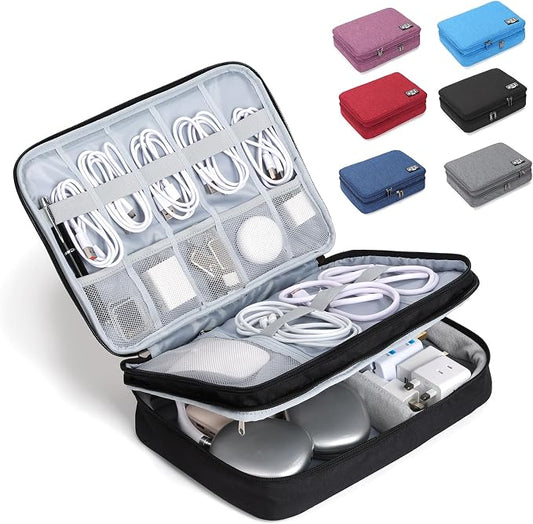 Large Electronic Organizer Travel Case, Double Layer Tech Pouch with Adjustable Dividers, Cable Organizer Bag for Charger, Power Bank, Hard Drive, Camera Gear and Travel Accessories