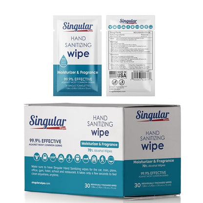 Hand Sanitizing Wipes Travel Size by Singular Wipes – 24ct Individually Wrapped | Fresh Citrus Scent, Moisturizing, 70% Alcohol Wipes | Travel, Office, School, Home | Made in USA
