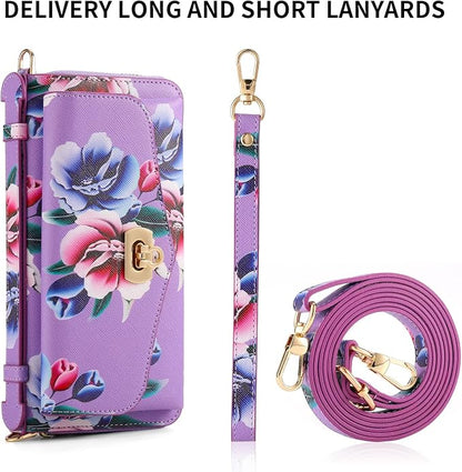 LITOU Compatible for Samsung Galaxy S26 Crossbody Phone Case,Detachable Magnetic,Card Holder,Zipper Leather Wallet Wrist Lanyard Strap Case for Women Men.PurpleFlower