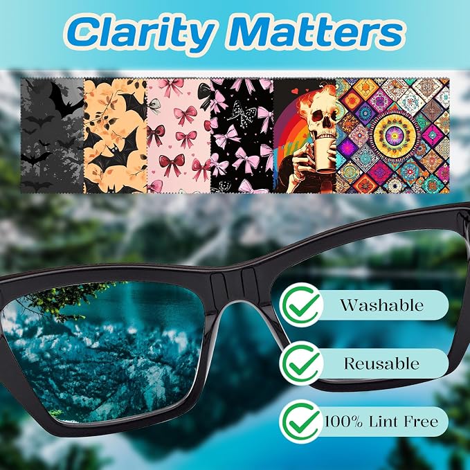 6 PCS Glasses Cleaning Cloth Eyeglass Lens Cleaning Cloth Eyeglasses Wipes Microfiber Reusable Soft for Phone Screens Camera Unisex Women Girls Cute Aesthetic (6.3"x6.3")-Bat Bowknot