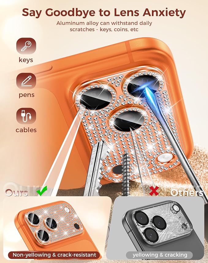 Goton for iPhone 17 Pro Camera Lens Protector Diamond Bling- Not Easy to Fall, Strong Adsorption, Glitter Metal Aluminum Alloy Rear Camera Screen Cover Accessories for 17Pro, Light Orange