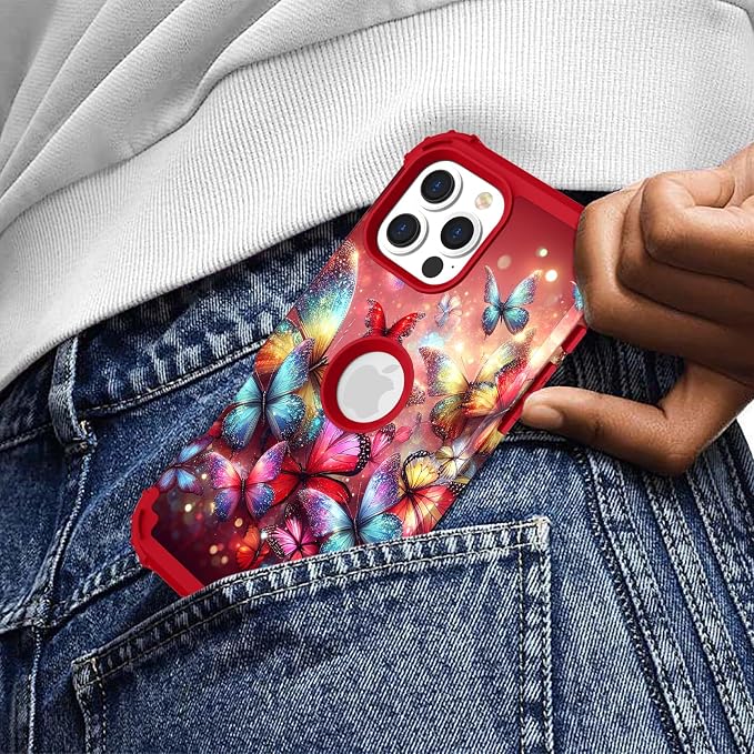 Hocase for iPhone 16 Pro Max Case, Heavy Duty Shockproof Protection Soft Silicone Rubber+Hard Plastic Bumpers Hybrid Protective Case for iPhone 16 Pro Max 2024 - Shimmering Butterflies in Red