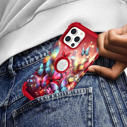 Hocase for iPhone 16 Pro Max Case, Heavy Duty Shockproof Protection Soft Silicone Rubber+Hard Plastic Bumpers Hybrid Protective Case for iPhone 16 Pro Max 2024 - Shimmering Butterflies in Red