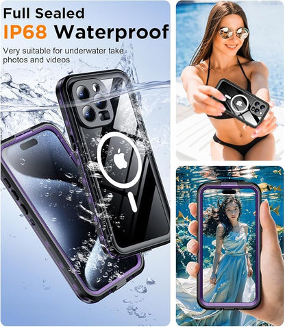Temdan Magnetic for iPhone 15 Pro Case Waterproof,Built-in Screen Protector[IP68 Underwater][Upgrade Military Dropproof][Compatible with MagSafe] Full Body Shockproof Translucent Case 6.7''-Purple