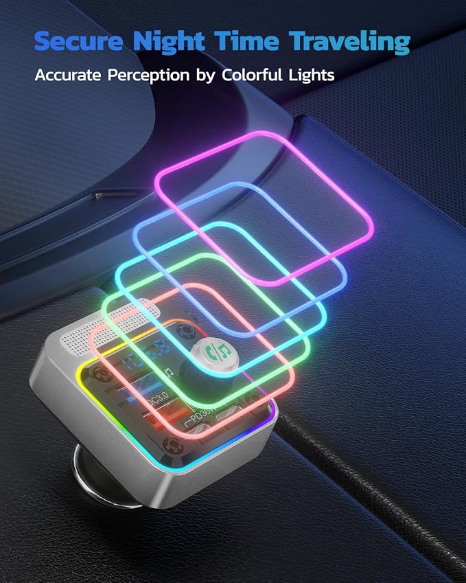 Nulaxy 54W Bluetooth 5.3 Car Adapter with 4 Charging Ports [PD 36W & QC3.0 18W], Wireless Radio FM Transmitter with Deep Bass Player & 5 Colors LED Backlit, Hands-Free Calling - Silver