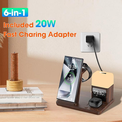 Wireless Charger for Samsung/Android Charging Station, 6 in 1 Fast Watch Charger with Alarm Clock-Night Light, Compatible for Galaxy S25 Ultra/S24, Only for Samsung Watch8/7, Galaxy Buds3 Pro(Walnut)