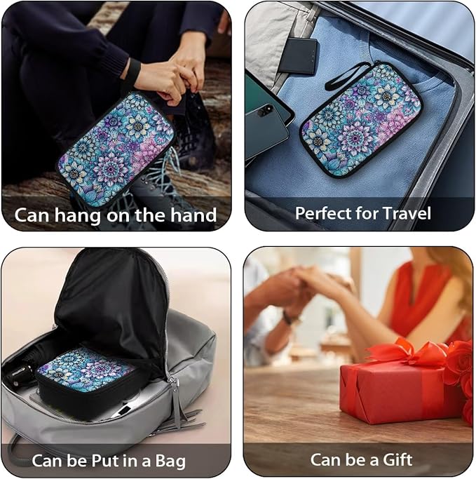 Purple Boho Flower Print Large Electronics Organizer, Travel Cord Organizer, Cable Storage Bag, Tech Accessories Case