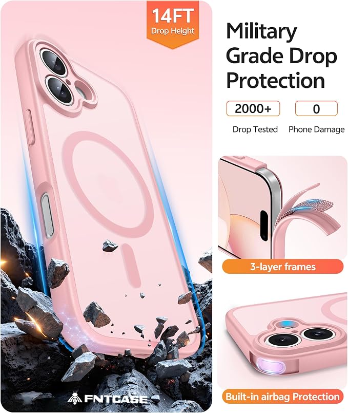 FNTCASE for iPhone 16 Case: [Compatible with Magsafe] Translucent Matte Cases with [Full Camera Protection] [Screen Protector] Military Grade Shockproof Protective Phone Cover - Light Pink