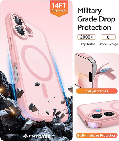 FNTCASE for iPhone 16 Case: [Compatible with Magsafe] Translucent Matte Cases with [Full Camera Protection] [Screen Protector] Military Grade Shockproof Protective Phone Cover - Light Pink