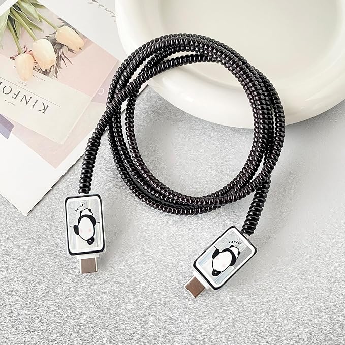 Charger Cover Protection Set, Compatible with Apple 40W Dynamic Power Adapter (with 60W Max), Fun & Adorable Flexible TPU Charger Case + Spiral Data Cable Protector, Cute Panda Butt (5in1)