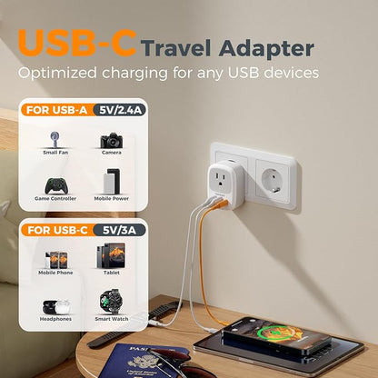 TESSAN 3 Pack Type E F Plug Adapter | Spain Adapter Plug, 3 USB Ports (1 USB C), South Korea Outlet Adapter
